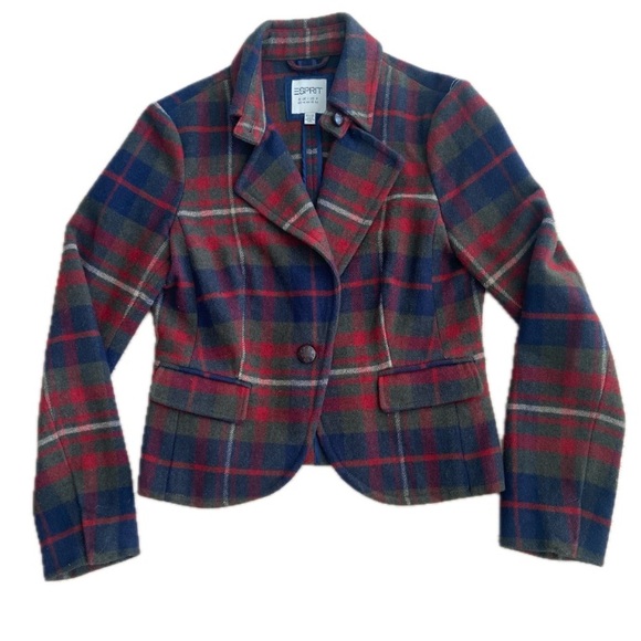 Esprit Jackets & Blazers - ESPRIT Tartan Wool Blend Tailored Blazer Jacket Size 10 Red Blue Preppy EUC